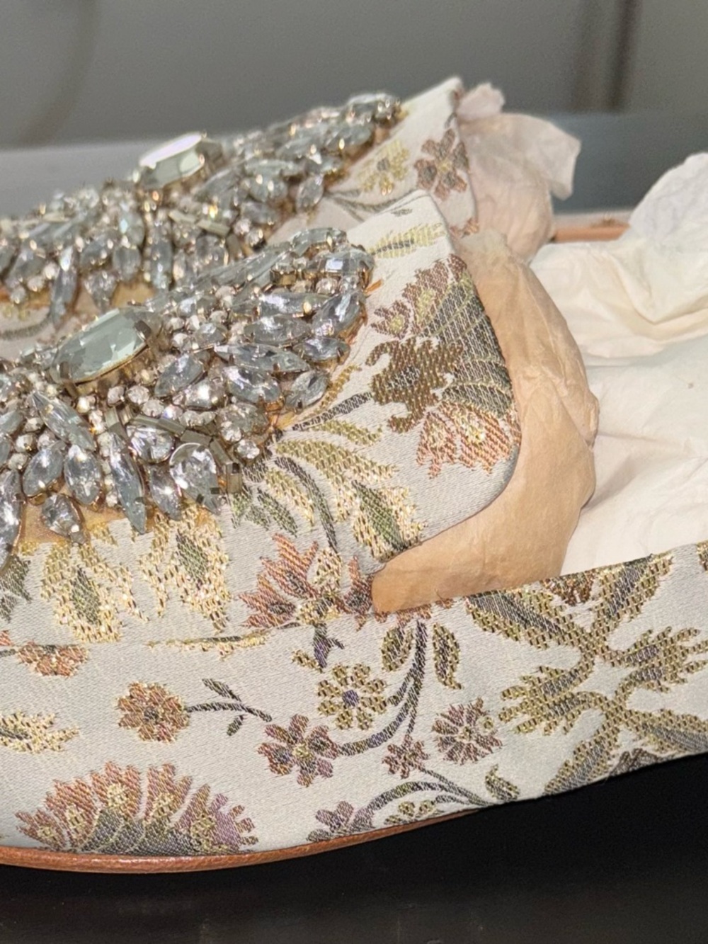 Badgley Mischka Floral Brocade Cream and Gold Jeweled Flats